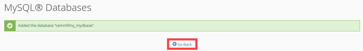 BH cPanel - Create Database - Go Back