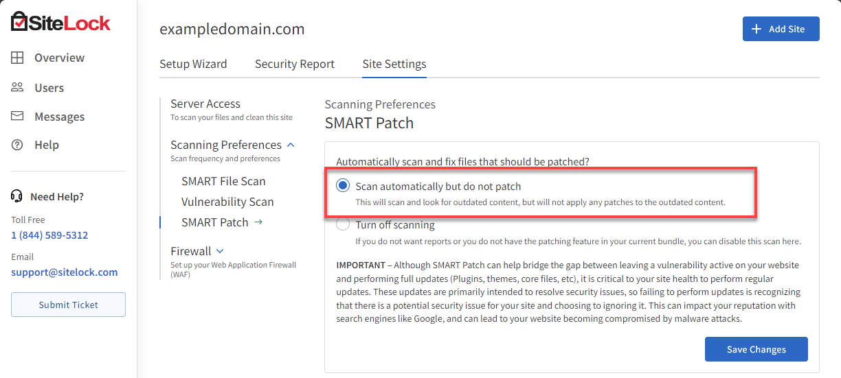 BH SiteLock Site Settings - Smart Patch Settings