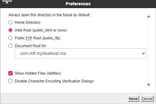 Preferences window with options to show hidden files and set web root directory for 'example.com'