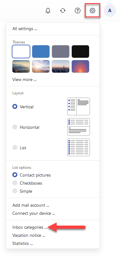 Cloud Mail Settings Inbox Categories Dropdown Option