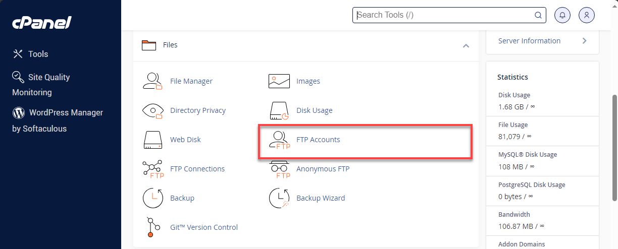 FTP Accounts option under Bluehost cPanel