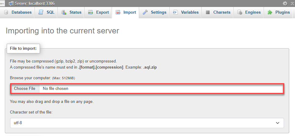 Bluehost Websites Overview Tab - phpMyAdmin Import Select File