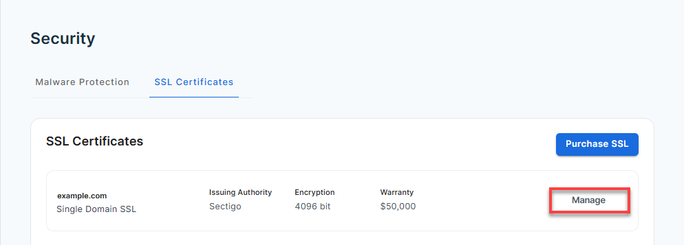 BH Security Tab - Manage SSL Certificate