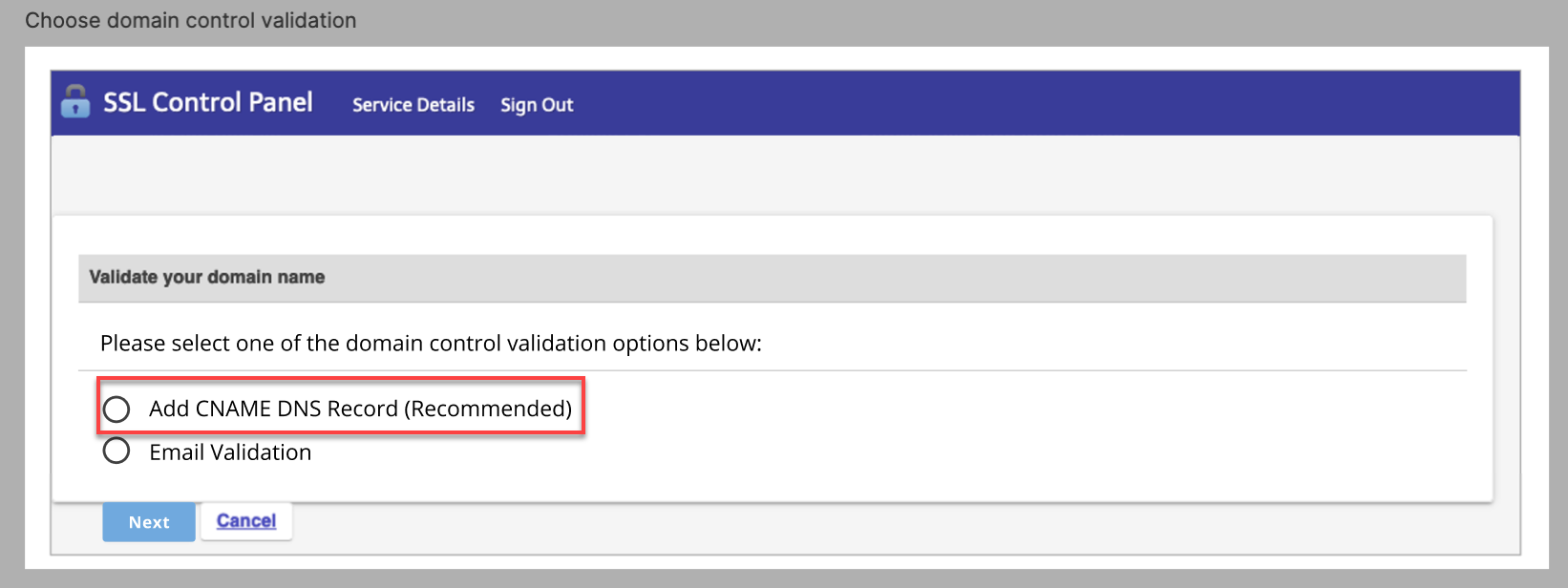 Bluehost SSL Validation CNAME Option
