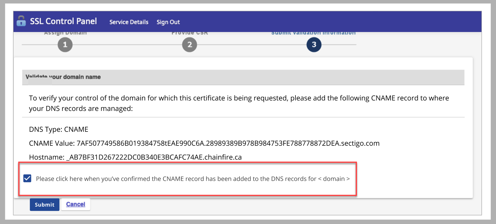 Bluehost SSL Validation CNAME Checkbox Option