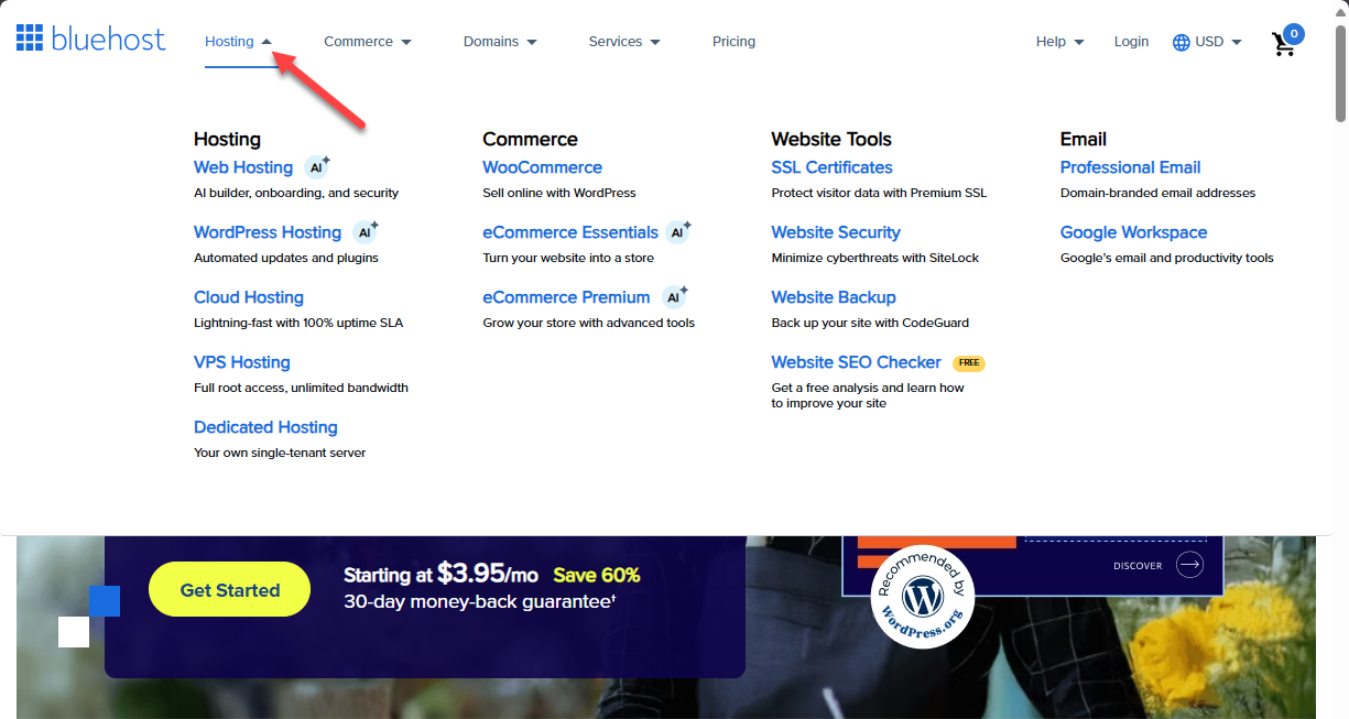 Sign up for an account - Bluehost "Hosting" menu