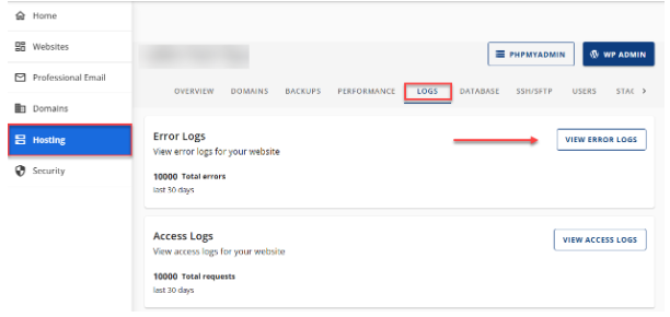 Hosting Logs View Error Logs