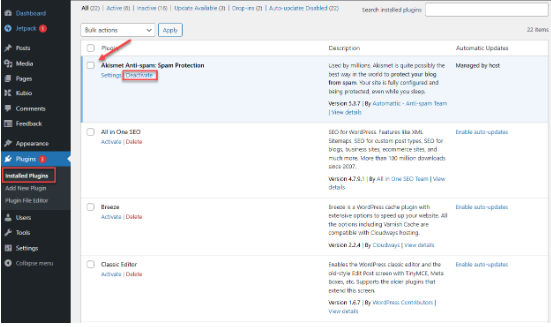 WP Dashboard Installed Plugins