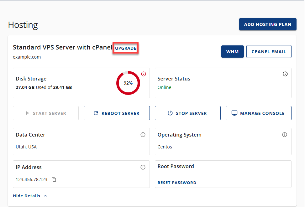 BH Hosting tab for Advanced Hosting VPS Overview