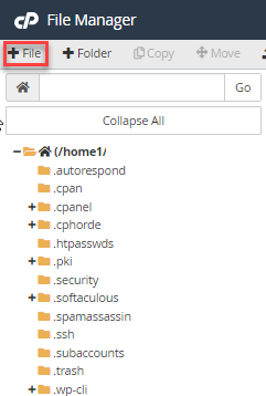 cPanel File Manager showing +File option to create a new file