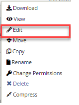 .htaccess file option, selecting Edit