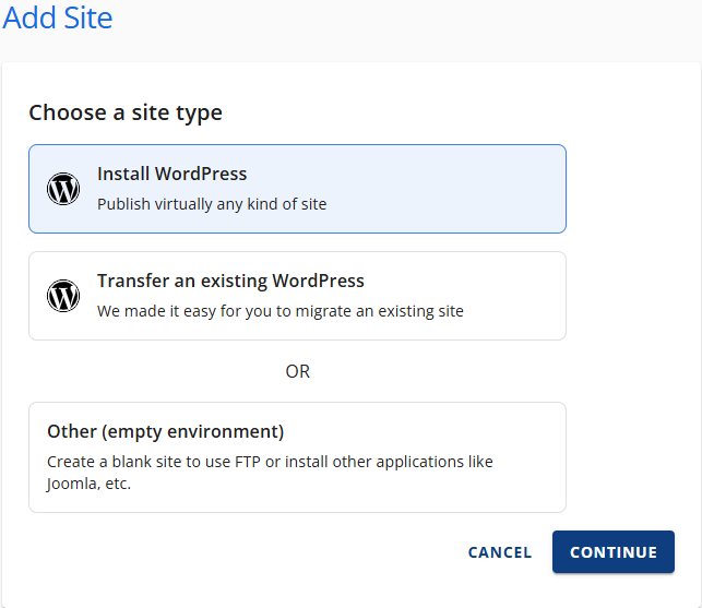 Install WordPress - Choose a site type