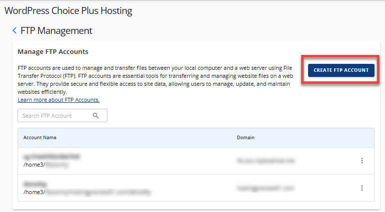 FTP Management panel - Create FTP Account