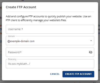 FTP Management panel - Enter FTP Account details