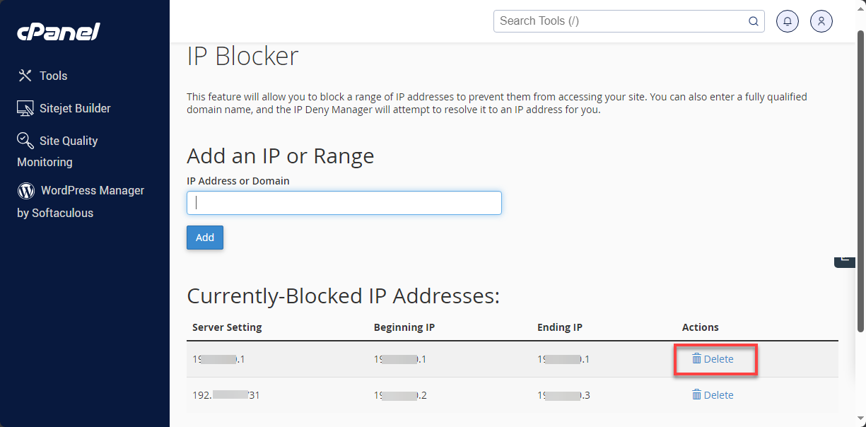 Bluehost cPanel - IP Blocker Add an IP or Range Delete