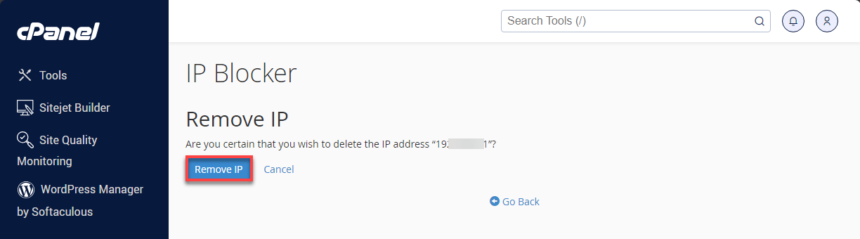 Bluehost cPanel - IP Blocker Add an IP or Range Delete Confirmation