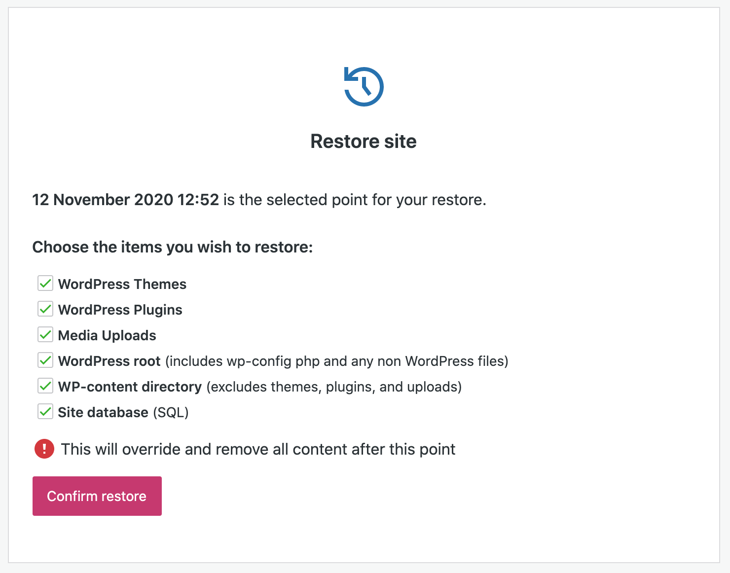 confirm restore site