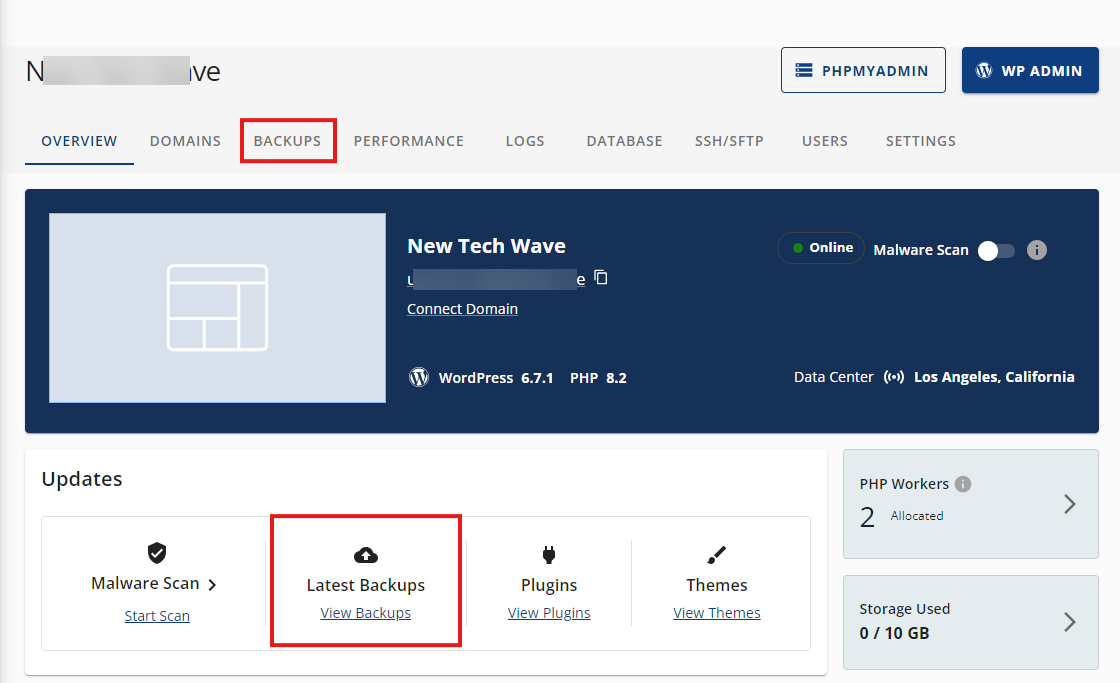 Bluehost Cloud Hosting Backups Tab
