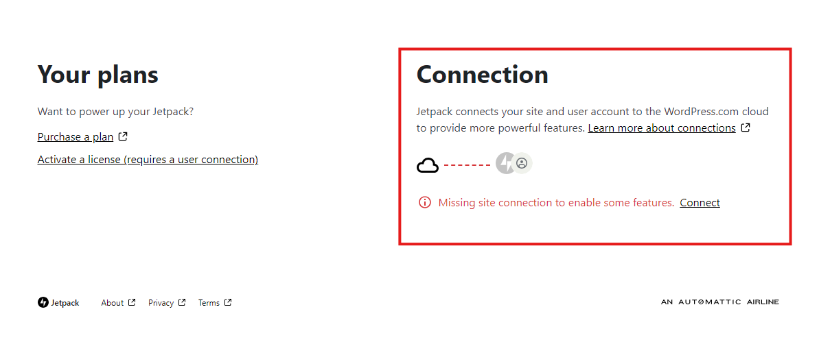 Bluehost WordPress Dashboard - MyJetpack Connection