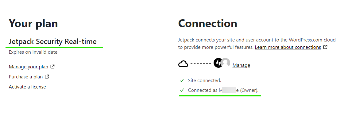 Bluehost WordPress Dashboard - MyJetpack Connection Complete