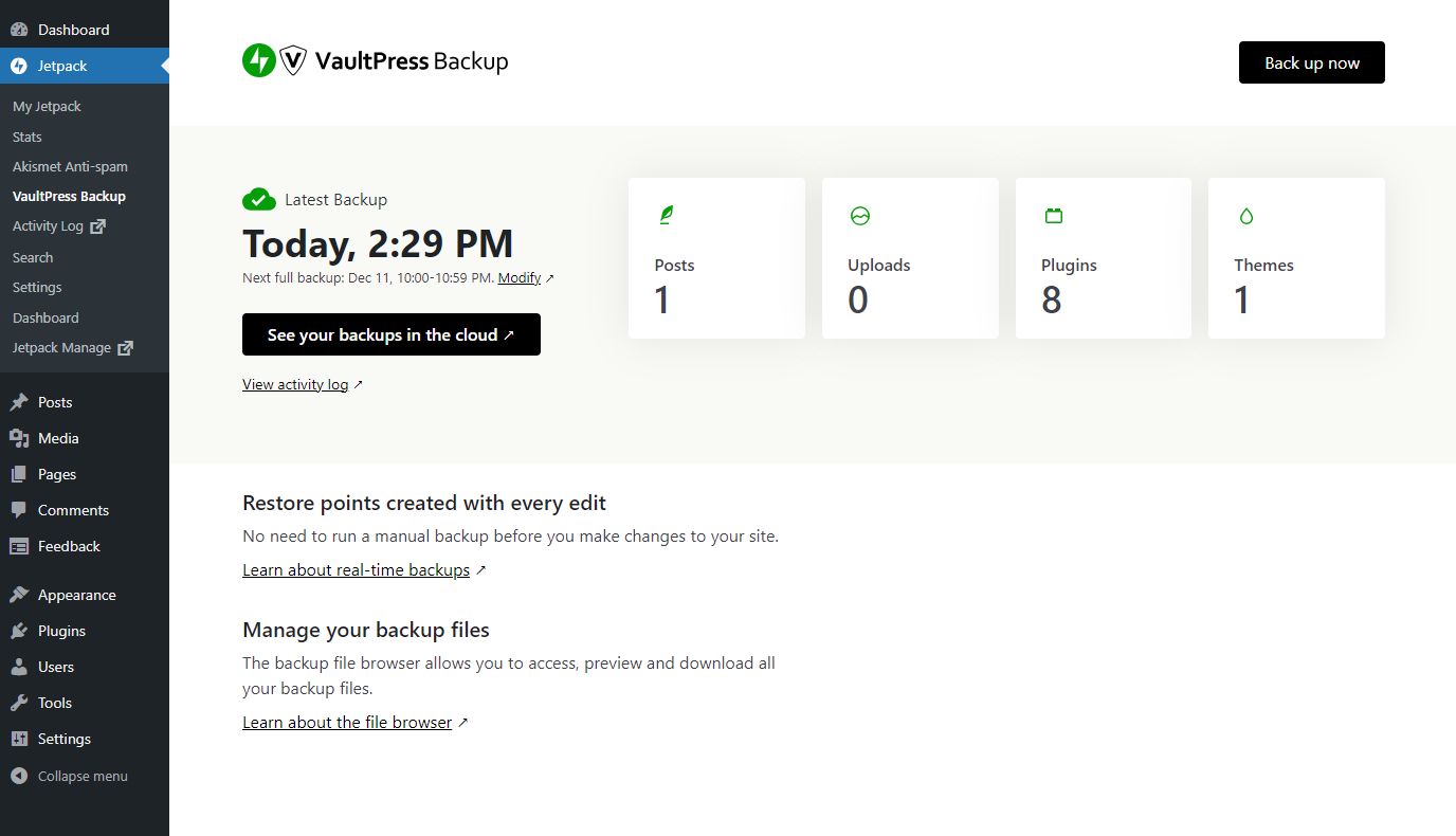 Bluehost WordPress Dashboard - Jetpack Backups