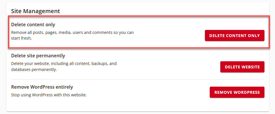 Bluehost Account Manager - Advanced Tab Site Management - Delete content only