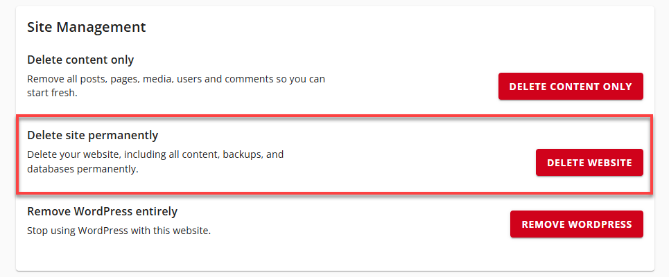 Bluehost Account Manager - Advanced Tab Site Management - Delete site permanently