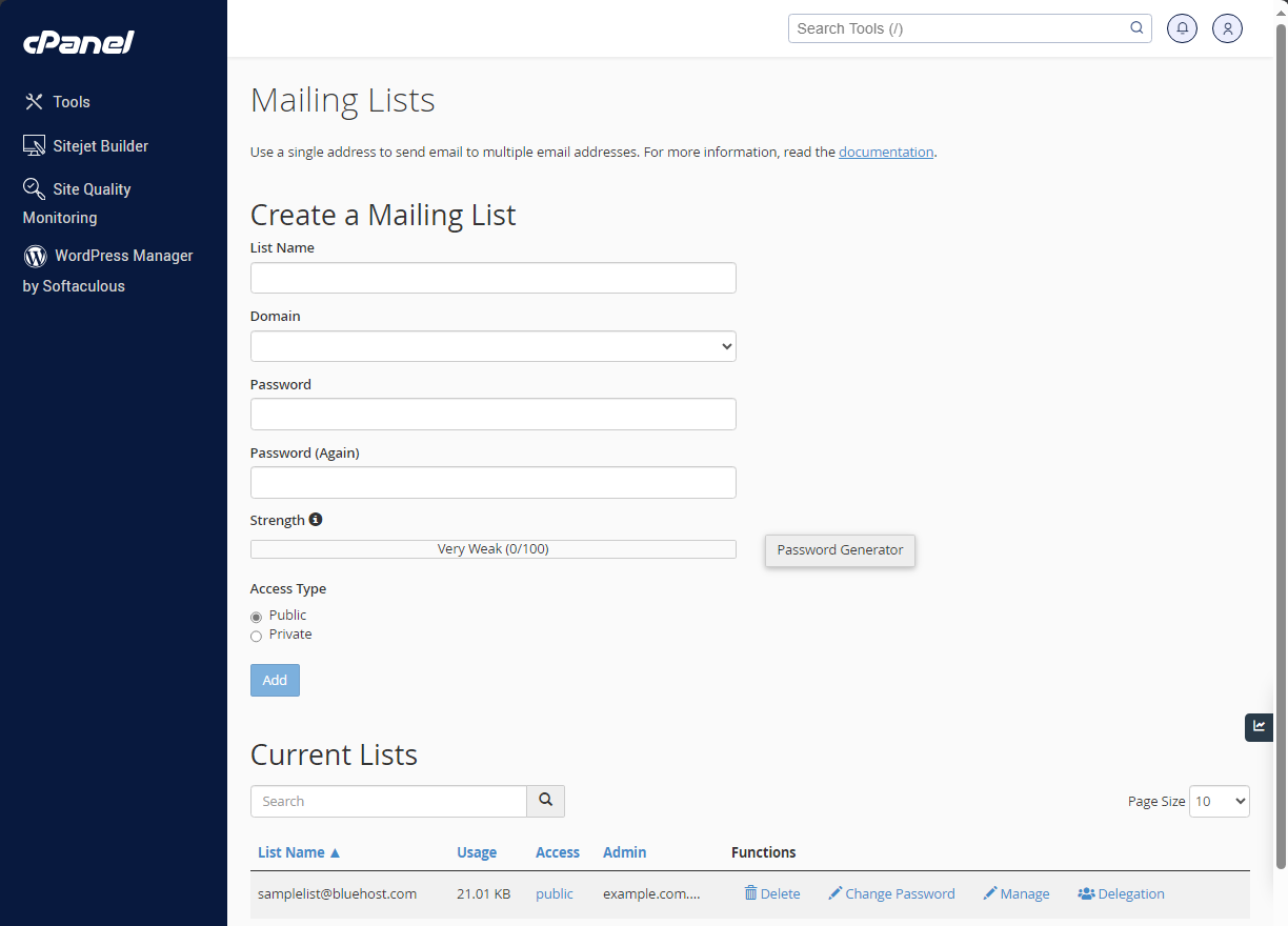 Bluehost cPanel - Mailing List Interface