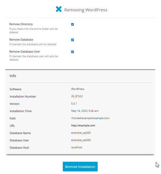 Bluehost cPanel in Softaculous section Remove Installation Confirmation