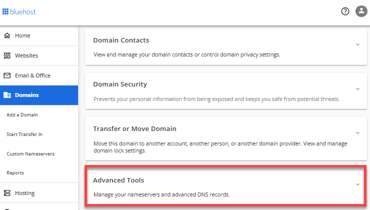 Domains tab - Advanced Tools section
