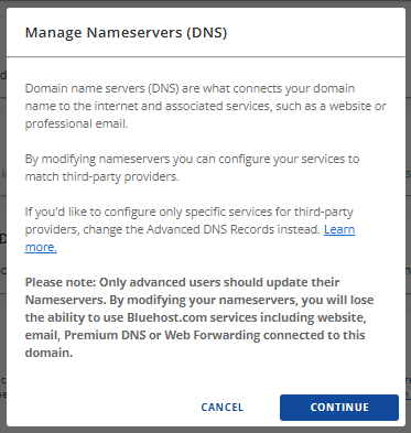 Update name servers - Manage Nameservers (DNS) pop-up