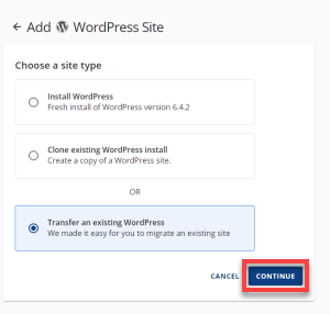 Cloud Hosting Websites - Transfer an Existing WordPress Continue Button
