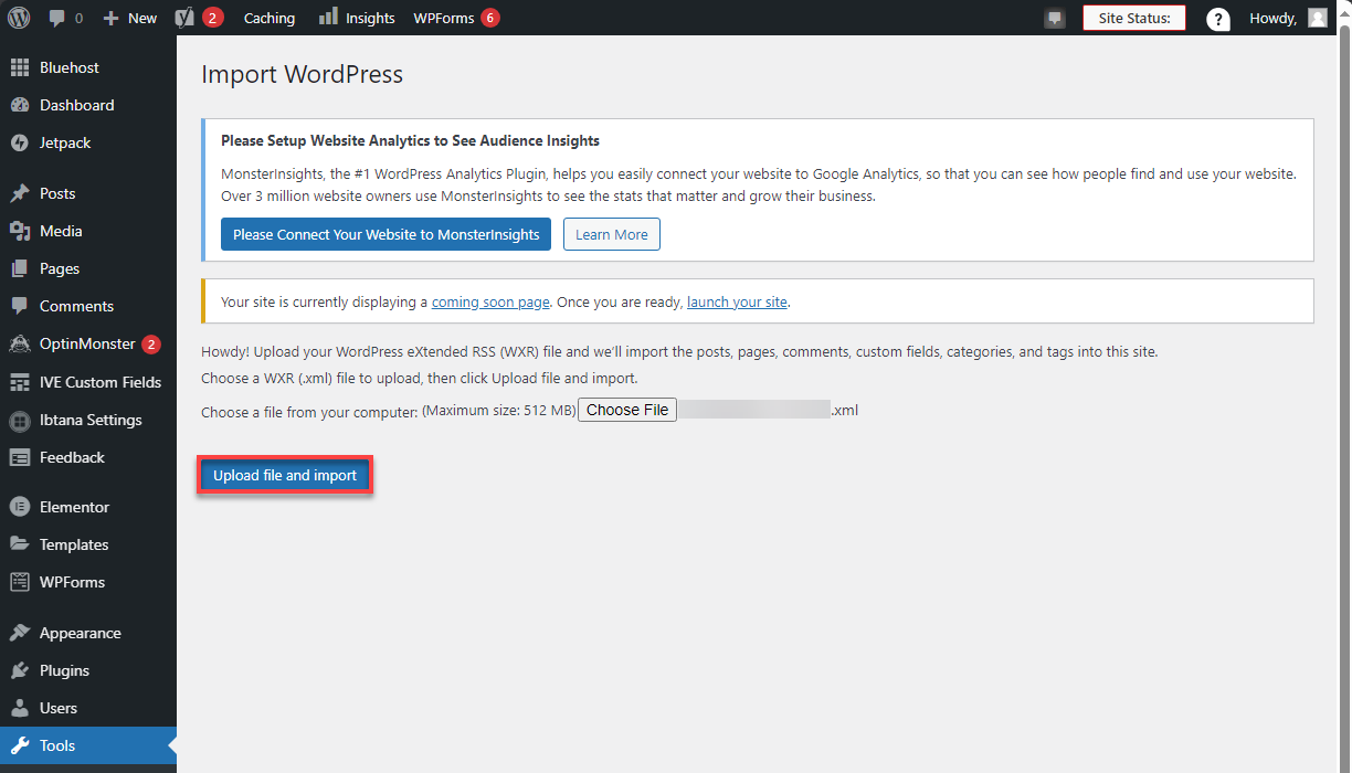 Migrate WordPress - Import to Bluehost Upload and import