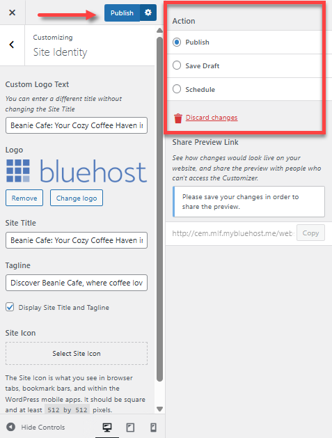 WordPress Dashboard - Publish options