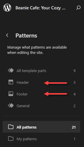 WordPress Dashboard - Block Editor - Header and Footer