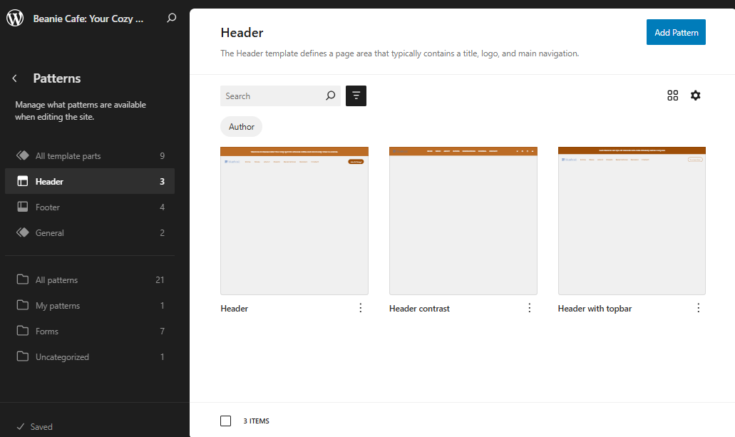 WordPress Dashboard - Block Editor - Click the header template ot manage