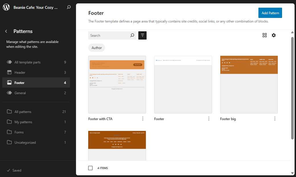 WordPress Dashboard - Block Editor - Click the footer template ot manage