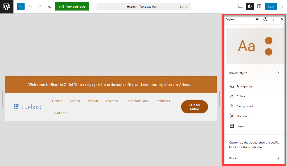 WordPress Dashboard - Block Editor - Style settings