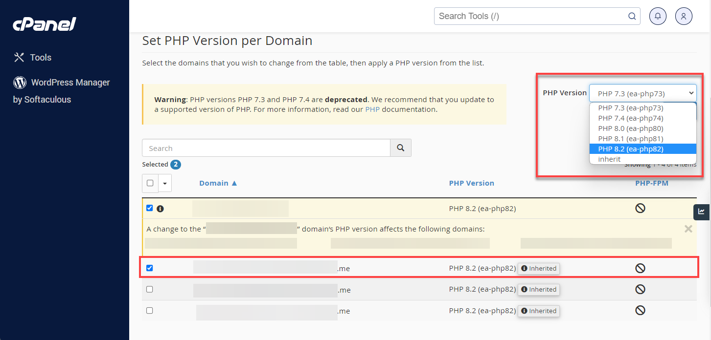 Drop-down to select PHP version
