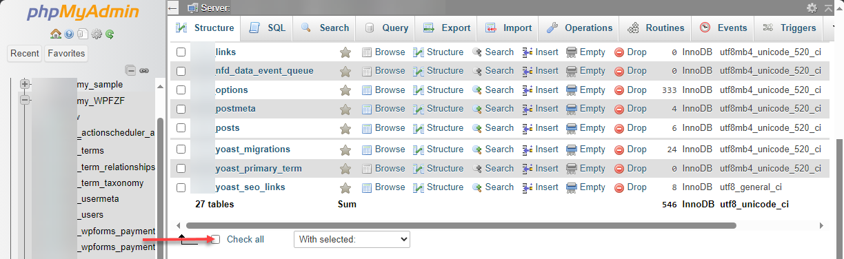 Bluehost cPanel Databases phpMyAdmin Check All