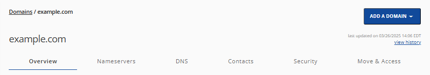 Account Manager - Domains tab interface