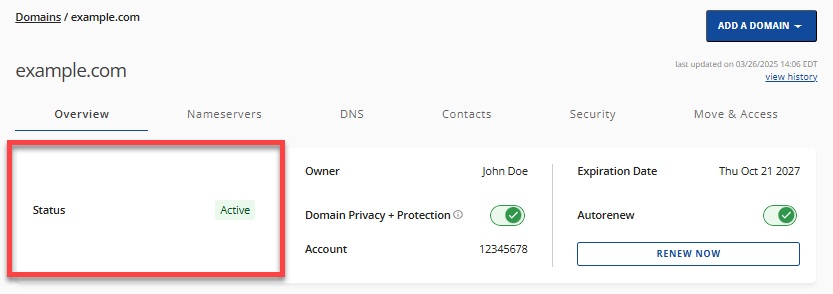 Domains Overview tab - Status section