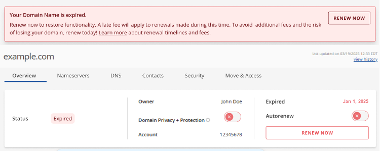 Domains Overview tab - "Your Domain Name is expired."