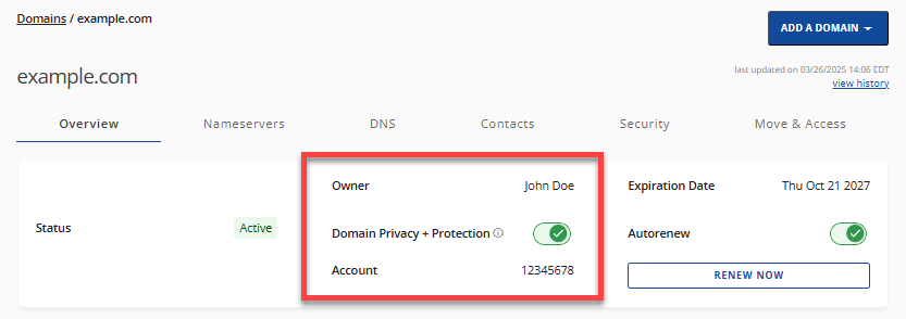 Domains Overview tab - Owner and DPP section
