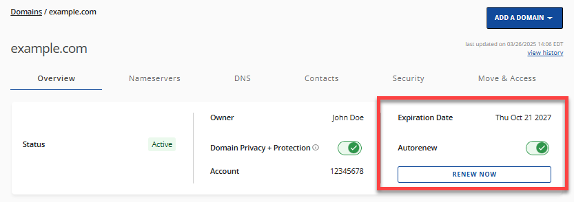 Domains Overview tab - Expiration date and Autorenew