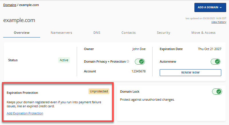 Domains Overview tab - Expiration Protection