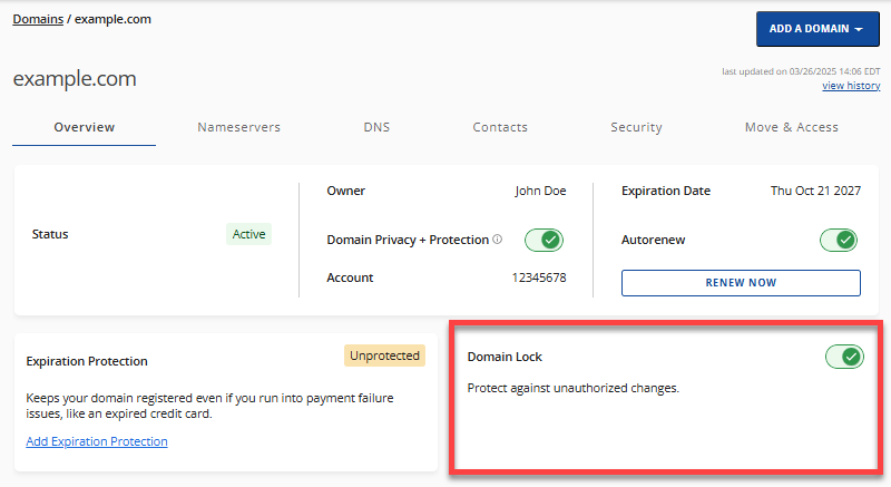 Domains Overview tab - Domain Lock