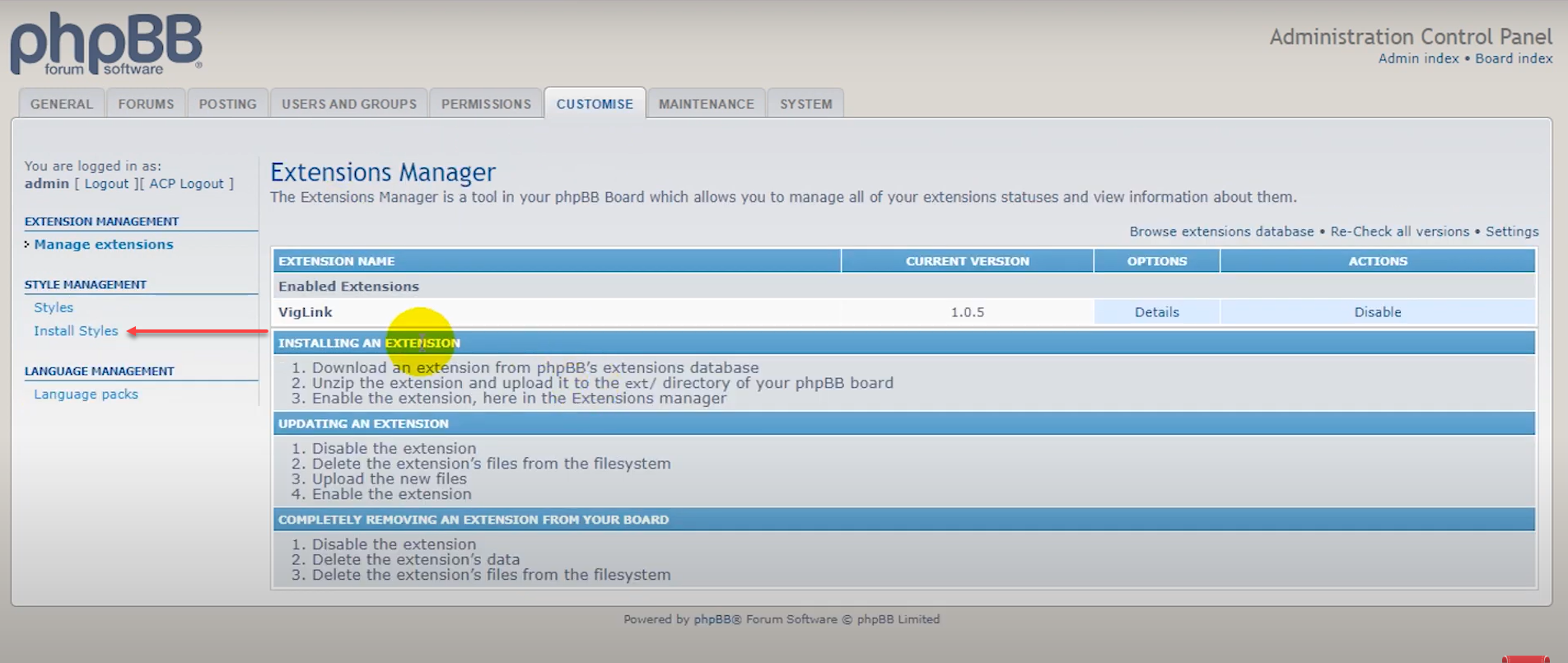 Install Styles link on left pane