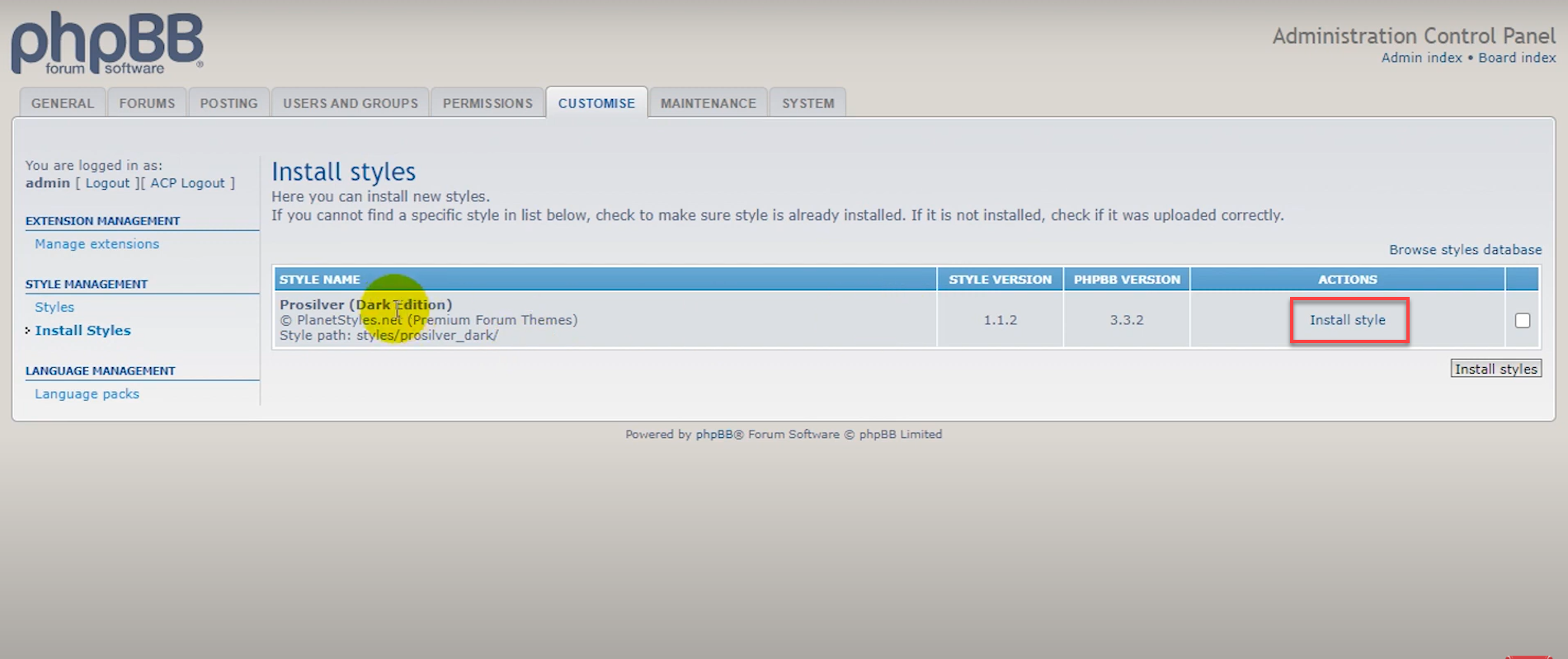 Install Styles link under Actions column