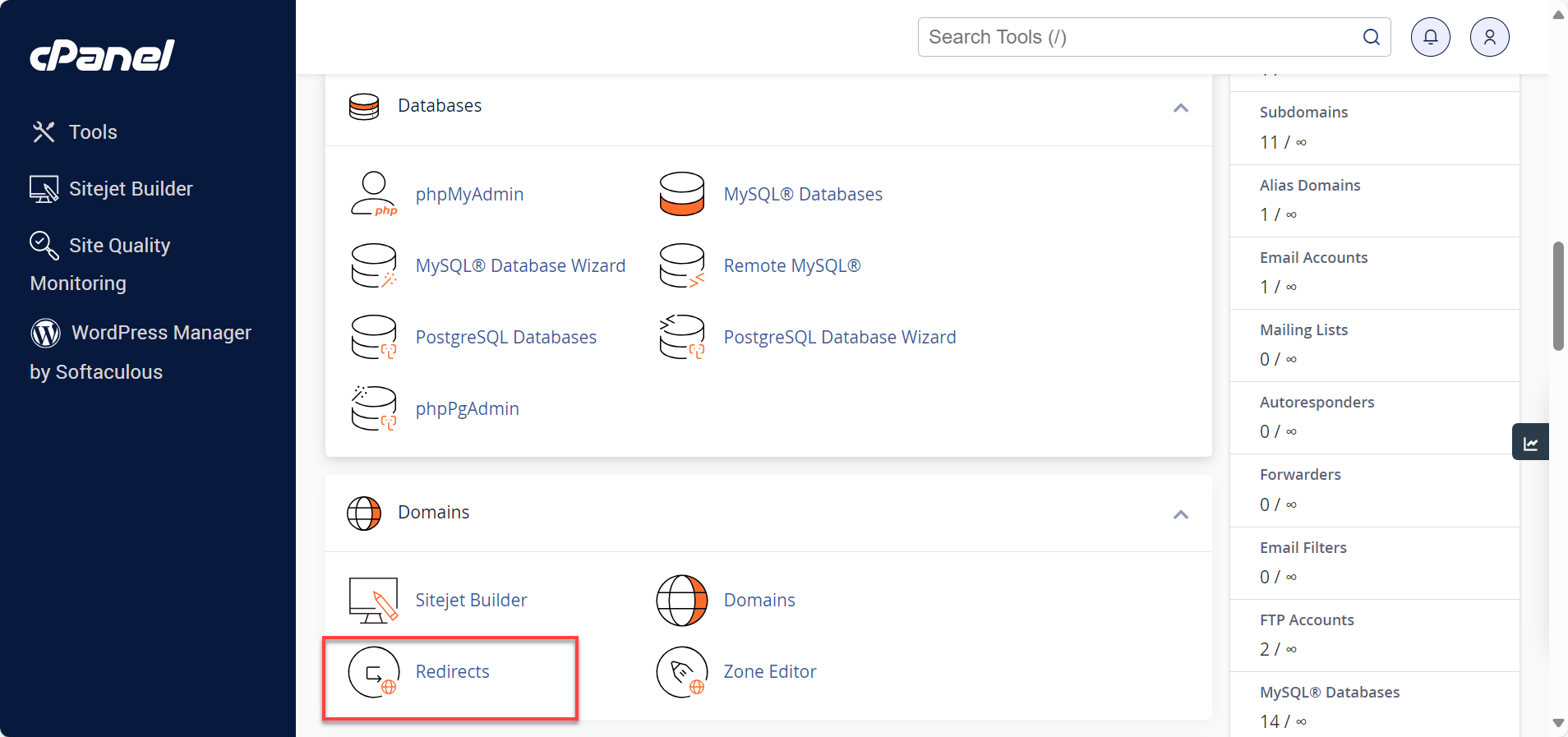 Redirects option under Domains section